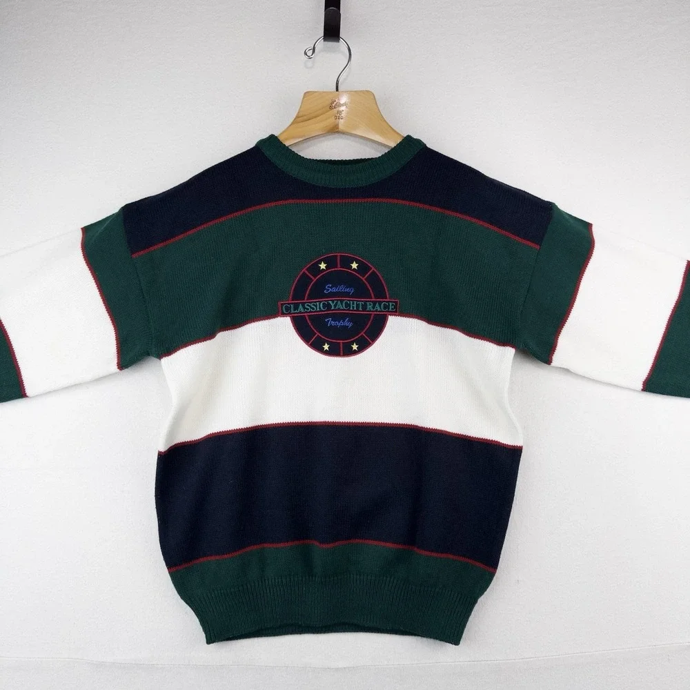 90's Vtg Embroidered Classic Yacht Club Racing Sweater Acrylic Color Block
